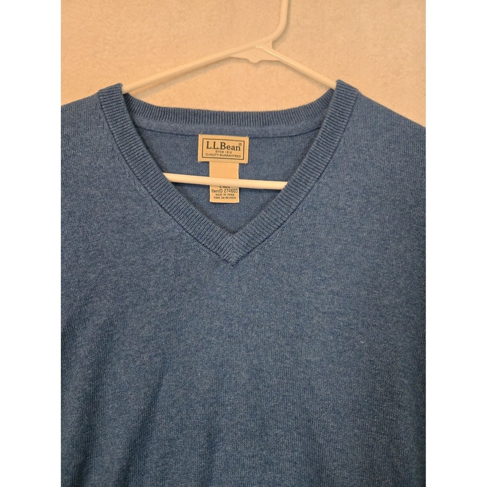 LL Bean Mens Blue V Neck Sweater L Red Cotton Cashmere Blend - Picture 5 of 9